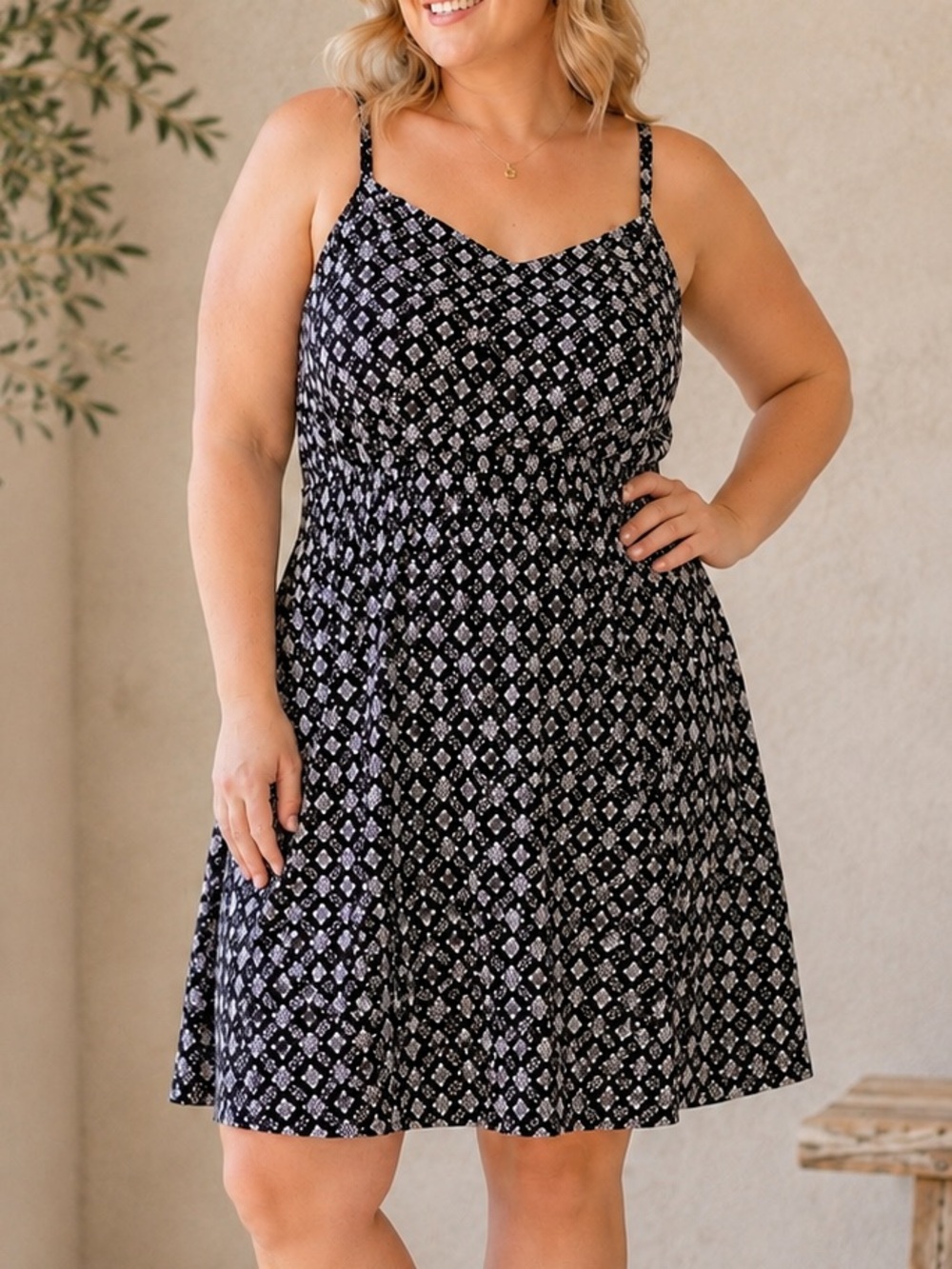 Old Navy XL Black White Geometric Print Rayon Cami Sundress Mini Dress